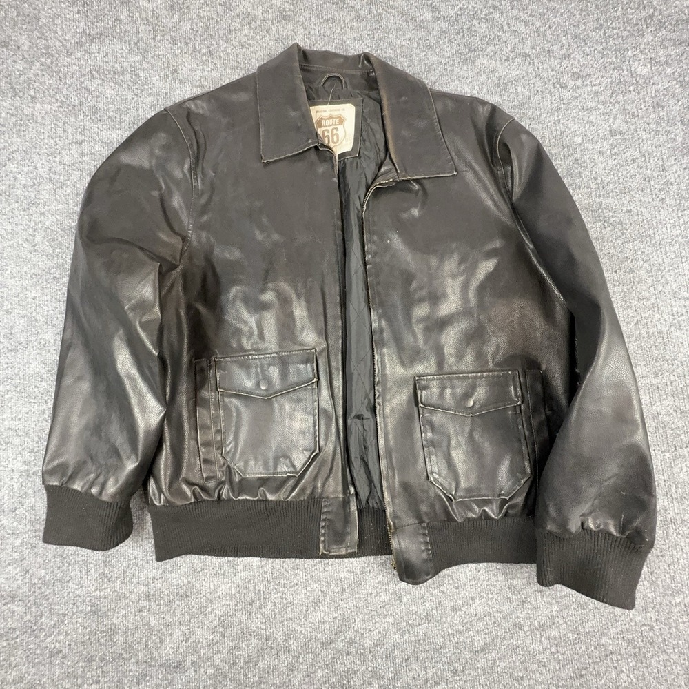 Route 66 Jacket Mens XL Black Faux Leather Full Zip Bomber Motorcycle Biker